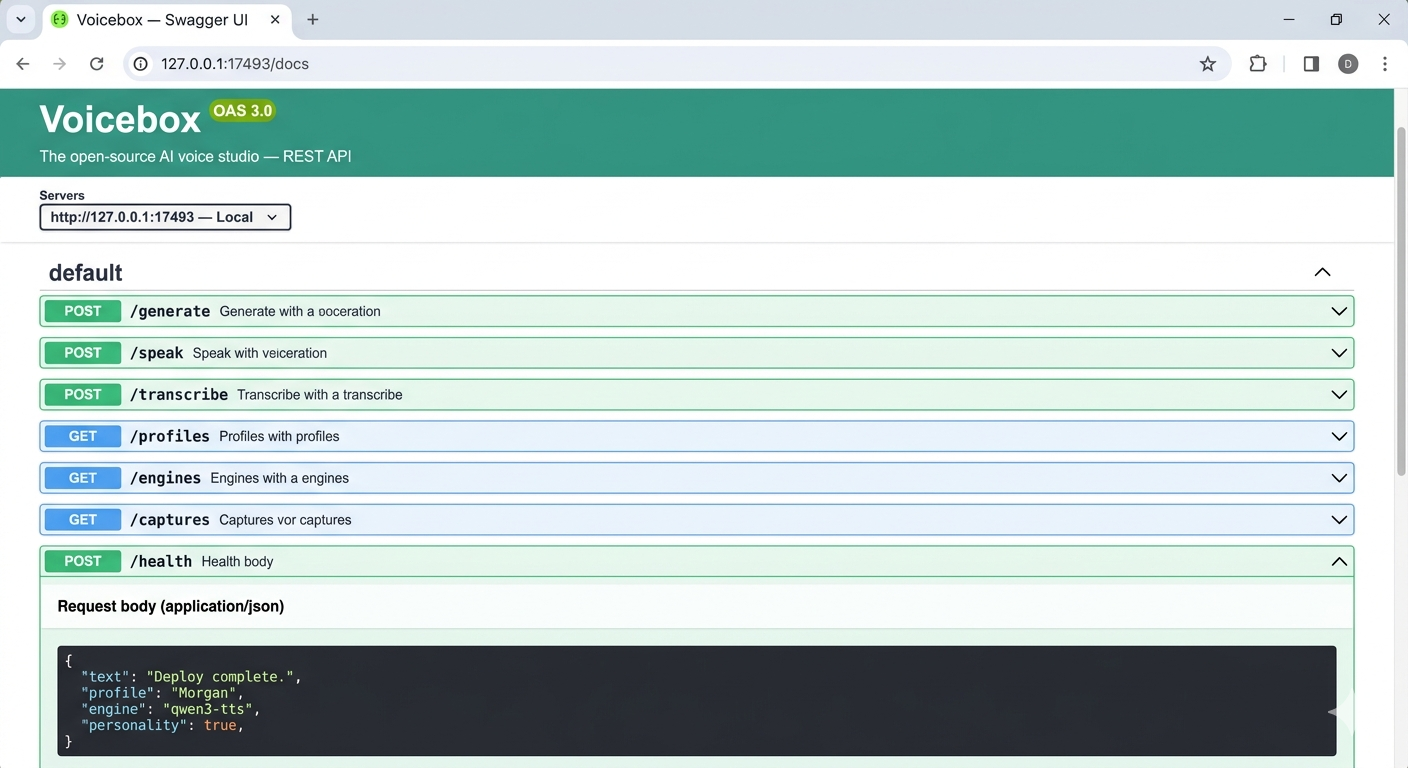 FastAPI Swagger docs at 127.0.0.1:17493/docs showing Voicebox endpoints
