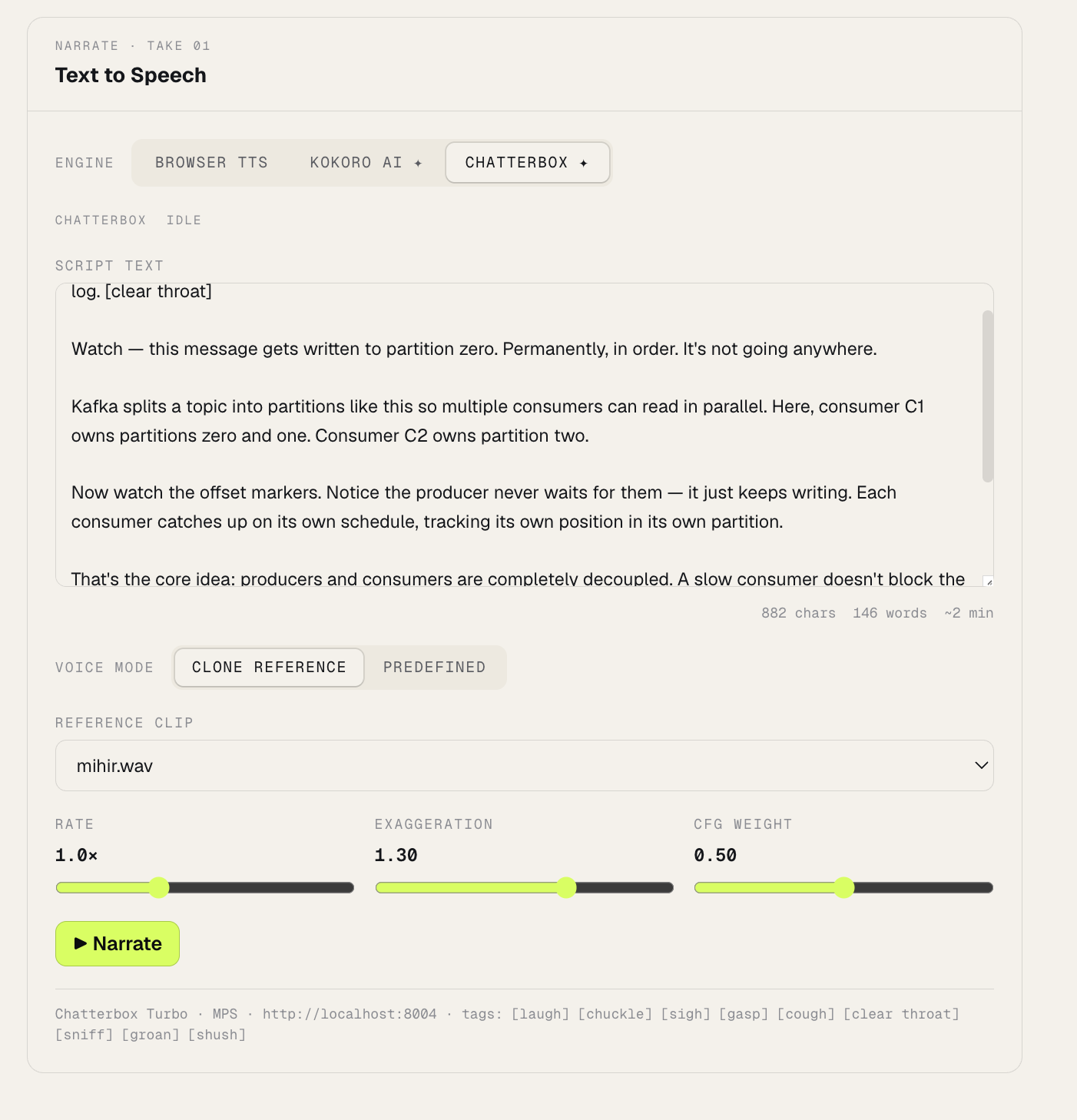 TTSPanel UI showing Chatterbox engine selected, script text, voice clone reference dropdown, and Rate/Exaggeration/CFG Weight sliders