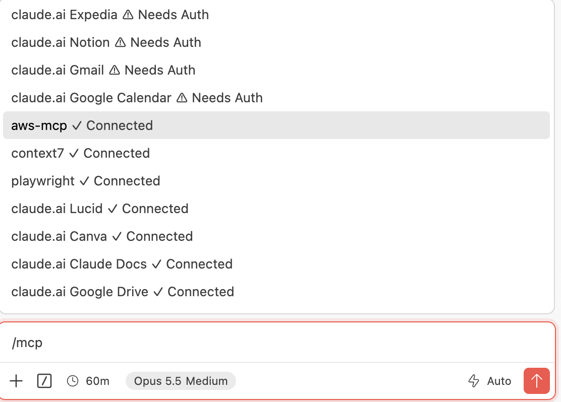 Claude Code's /mcp list showing aws-mcp Connected